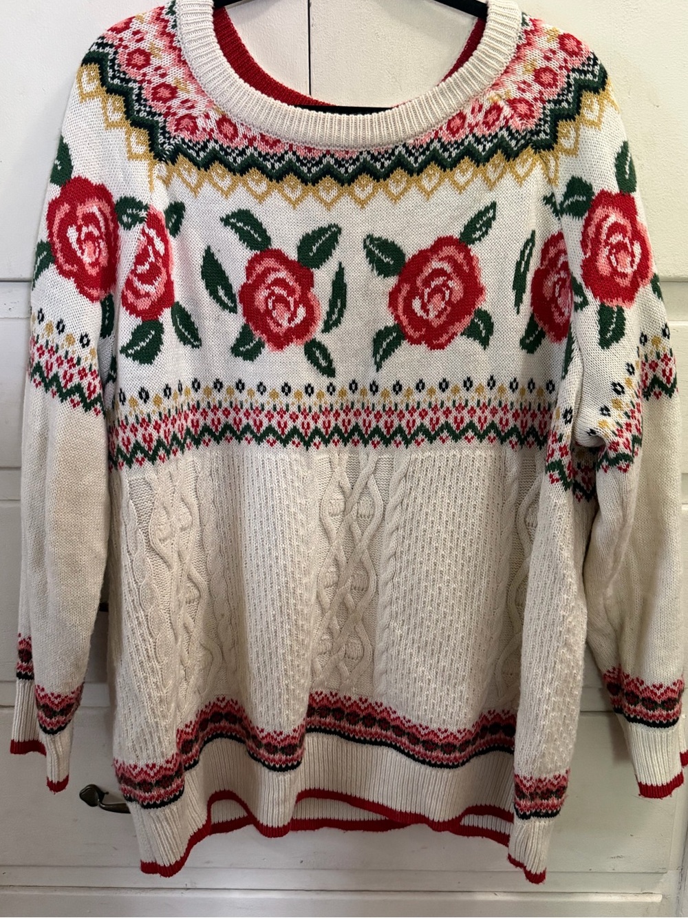 Mossimo Supply Co. Cream Floral Fair Isle Cable Knit Sweater with Red Roses